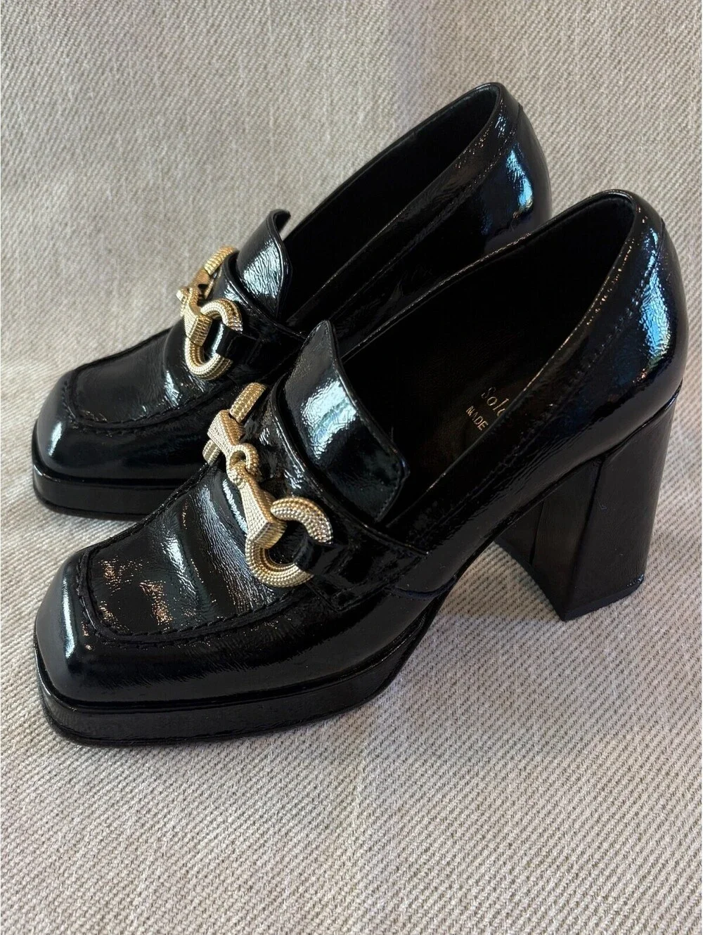 Sole Bliss Genevieve Black Patent Leather Heeled Horsebit Loafers Size 37 US 6